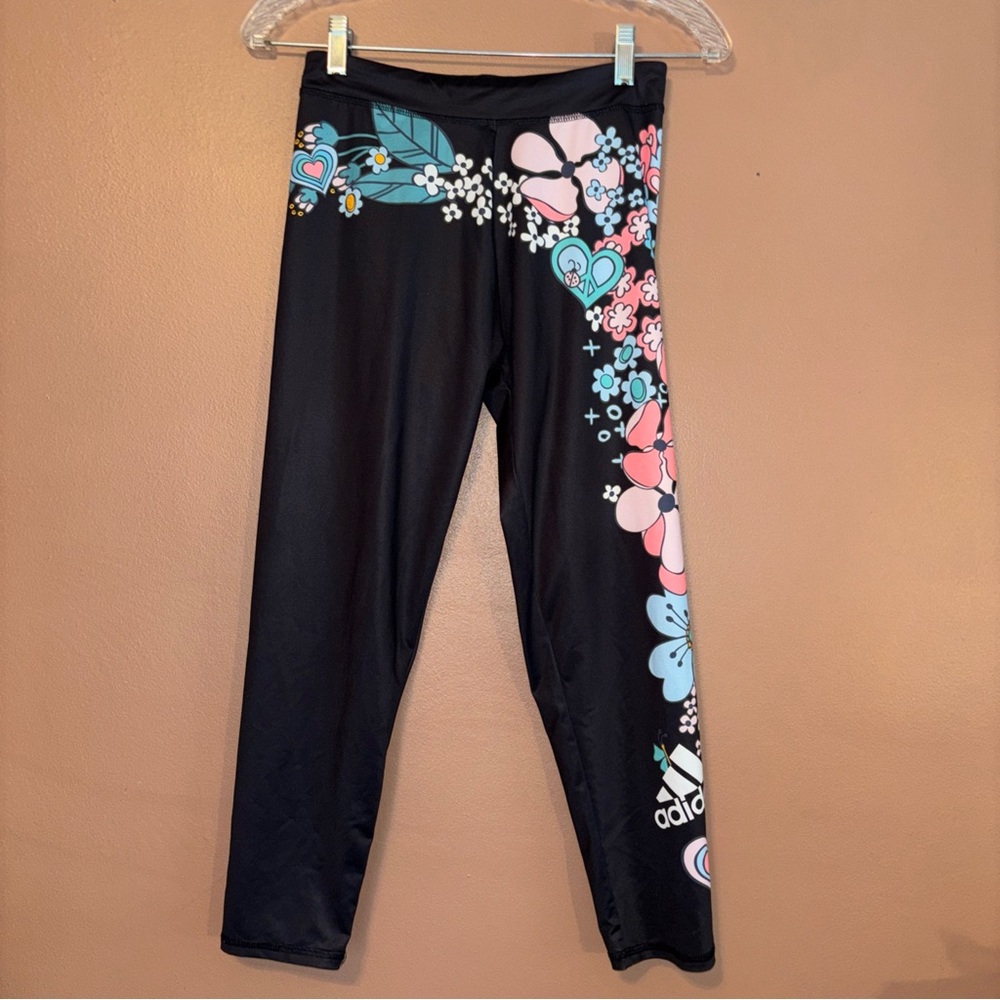 Adidas NEW Girls Floral Print 7/8 Athletic Leggings Black Multicolor Sz XL